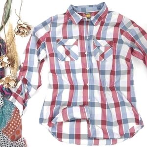 Eddie Bauer White Blue Red Plaid Shirt Sz M